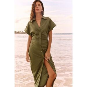 Zara Womens Dress S Small Shirt Button Up Linen Short Sleeve Green 2782/723 NWT